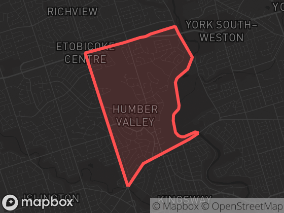 Map of Edenbridge-Humber Valley in Toronto with its official boundary outlined