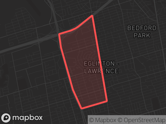 Map of Englemount-Lawrence in Toronto with its official boundary outlined