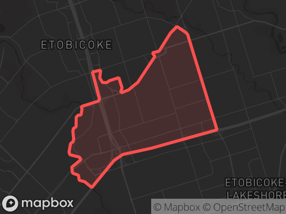 Map of Etobicoke City Centre in Toronto with its official boundary outlined