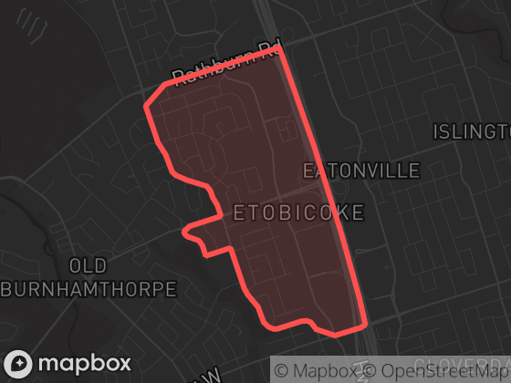 Map of Etobicoke West Mall in Toronto with its official boundary outlined
