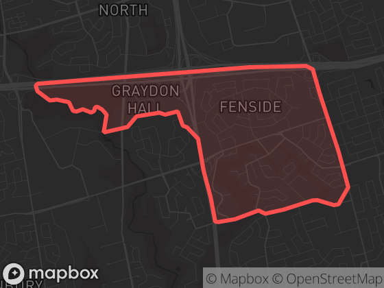 Map of Fenside-Parkwoods in Toronto with its official boundary outlined