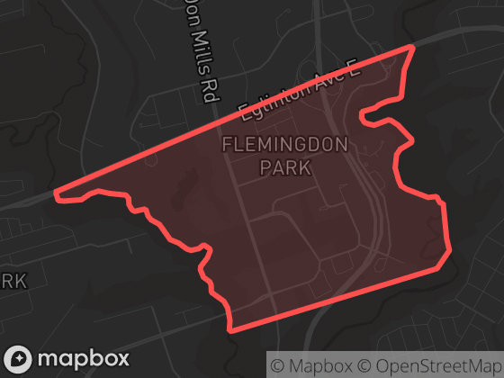 Map of Flemingdon Park in Toronto with its official boundary outlined