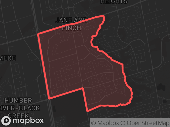 Map of Glenfield-Jane Heights in Toronto with its official boundary outlined