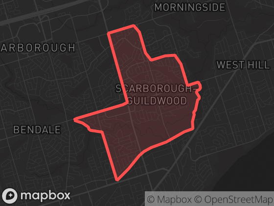 Map of Golfdale-Cedarbrae-Woburn in Toronto with its official boundary outlined