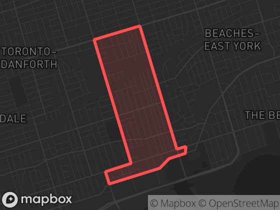 Map of Greenwood-Coxwell in Toronto with its official boundary outlined