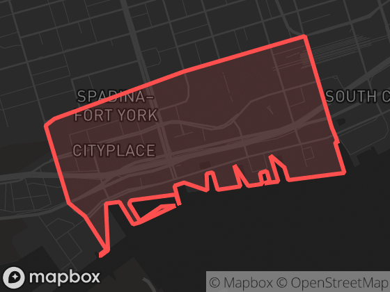 Map of Harbourfront-CityPlace in Toronto with its official boundary outlined