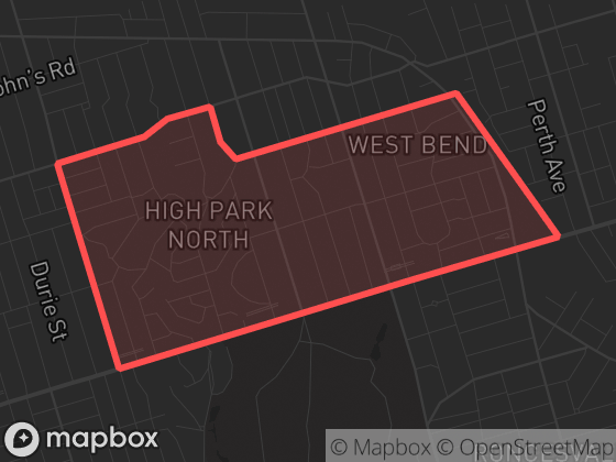 Map of High Park North in Toronto with its official boundary outlined