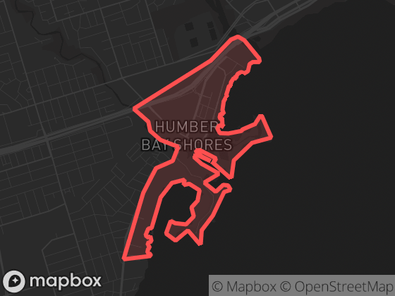 Map of Humber Bay Shores in Toronto with its official boundary outlined