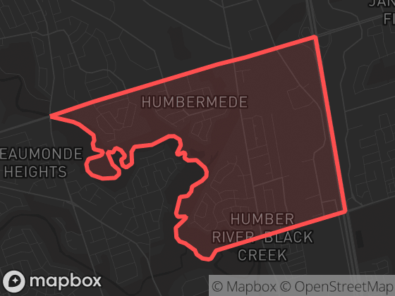Map of Humbermede in Toronto with its official boundary outlined