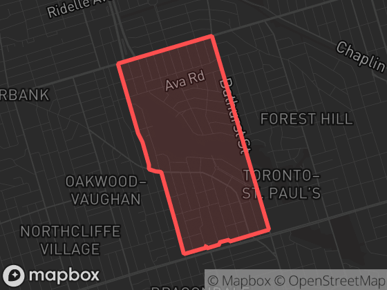 Map of Humewood-Cedarvale in Toronto with its official boundary outlined
