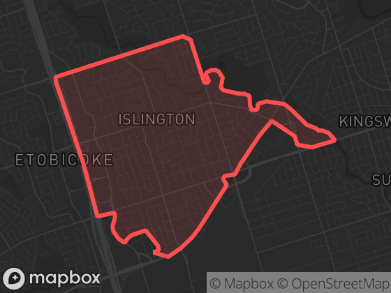 Map of Islington in Toronto with its official boundary outlined