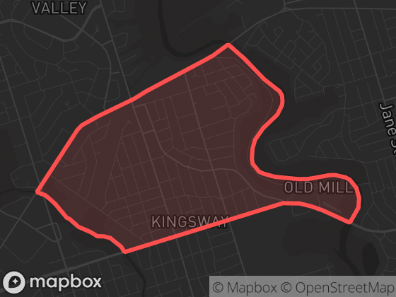 Map of Kingsway South in Toronto with its official boundary outlined