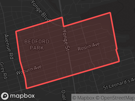 Map of Lawrence Park North in Toronto with its official boundary outlined