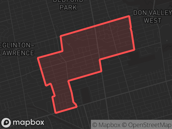 Map of Lawrence Park South in Toronto with its official boundary outlined