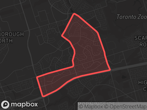 Map of Malvern East in Toronto with its official boundary outlined