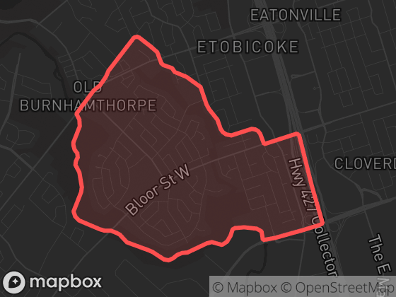 Map of Markland Wood in Toronto with its official boundary outlined
