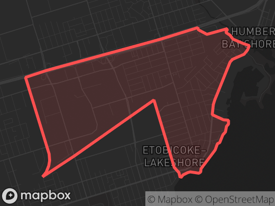 Map of Mimico-Queensway in Toronto with its official boundary outlined