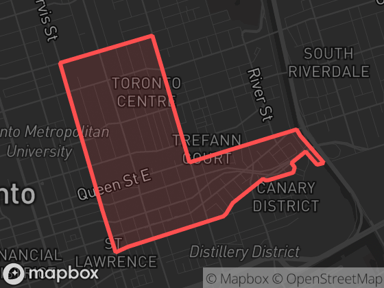 Map of Moss Park in Toronto with its official boundary outlined