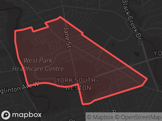 Map of Mount Dennis in Toronto with its official boundary outlined