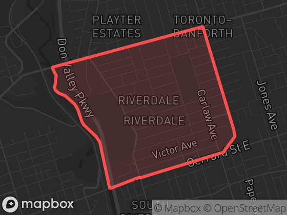 Map of North Riverdale in Toronto with its official boundary outlined