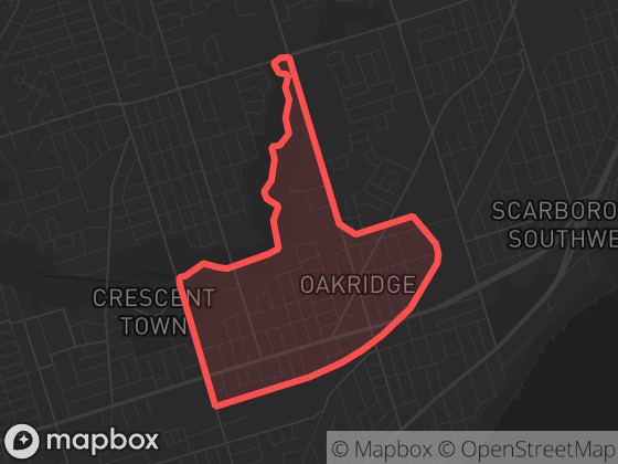 Map of Oakridge in Toronto with its official boundary outlined