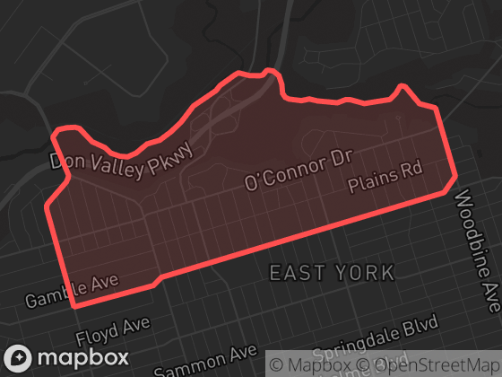 Map of Old East York in Toronto with its official boundary outlined