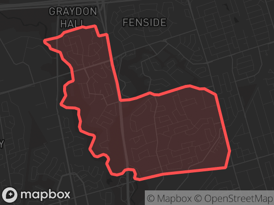 Map of Parkwoods-O'Connor Hills in Toronto with its official boundary outlined