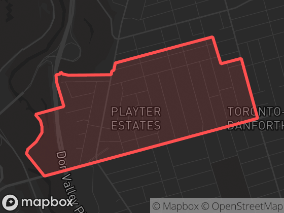 Map of Playter Estates-Danforth in Toronto with its official boundary outlined