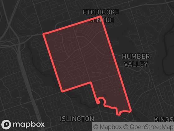 Map of Princess-Rosethorn in Toronto with its official boundary outlined
