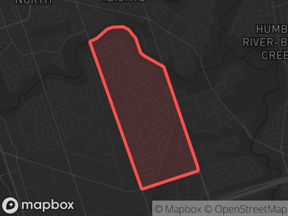 Map of Rexdale-Kipling in Toronto with its official boundary outlined