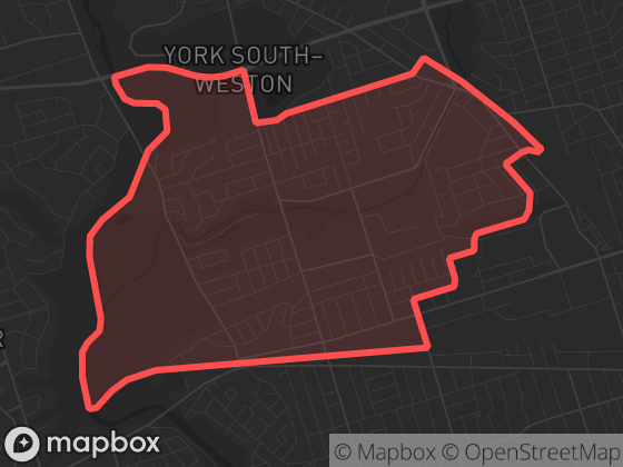 Map of Rockcliffe-Smythe in Toronto with its official boundary outlined