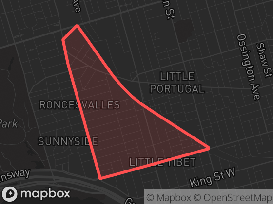 Map of Roncesvalles in Toronto with its official boundary outlined