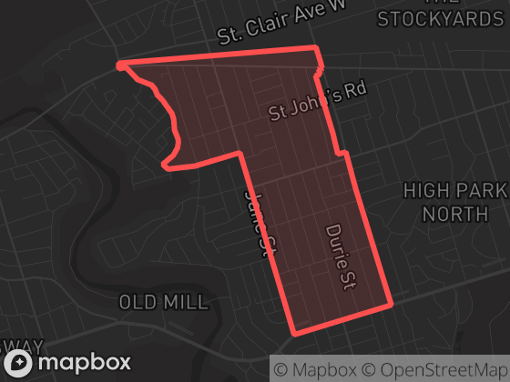 Map of Runnymede-Bloor West Village in Toronto with its official boundary outlined