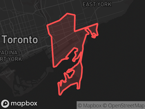 Map of South Riverdale in Toronto with its official boundary outlined