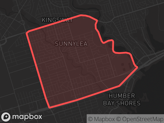 Map of Stonegate-Queensway in Toronto with its official boundary outlined