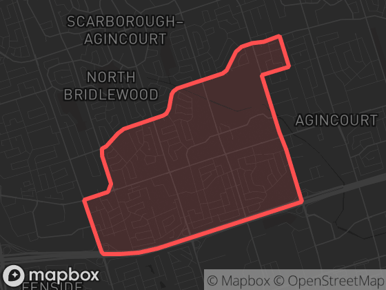 Map of Tam O'Shanter-Sullivan in Toronto with its official boundary outlined