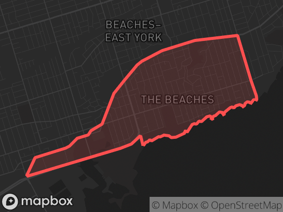 Map of The Beaches in Toronto with its official boundary outlined
