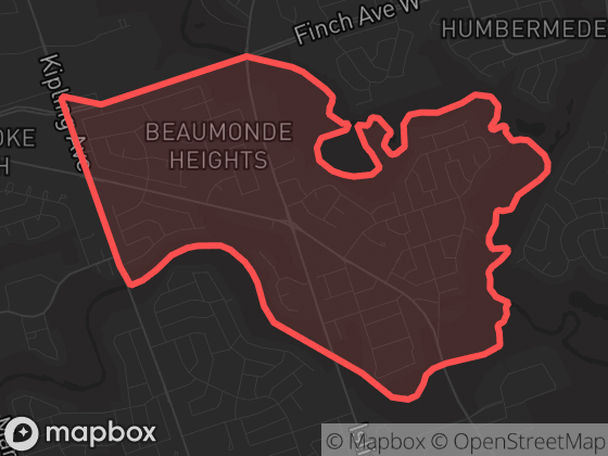 Map of Thistletown-Beaumond Heights in Toronto with its official boundary outlined