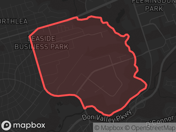 Map of Thorncliffe Park in Toronto with its official boundary outlined