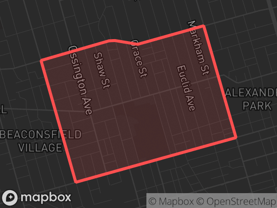 Map of Trinity-Bellwoods in Toronto with its official boundary outlined