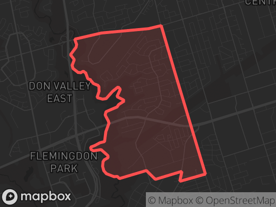 Map of Victoria Village in Toronto with its official boundary outlined