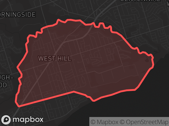 Map of West Hill in Toronto with its official boundary outlined