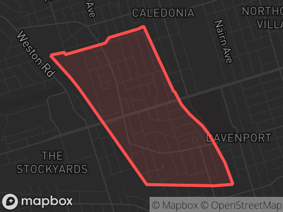 Map of Weston-Pelham Park in Toronto with its official boundary outlined