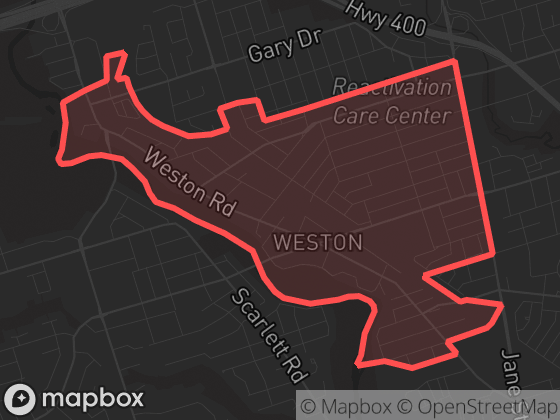 Map of Weston in Toronto with its official boundary outlined