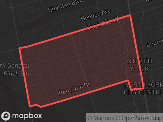 Map of Willowdale West in Toronto with its official boundary outlined
