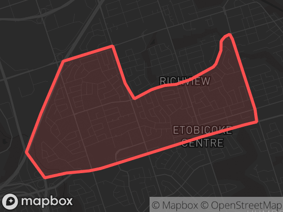 Map of Willowridge-Martingrove-Richview in Toronto with its official boundary outlined
