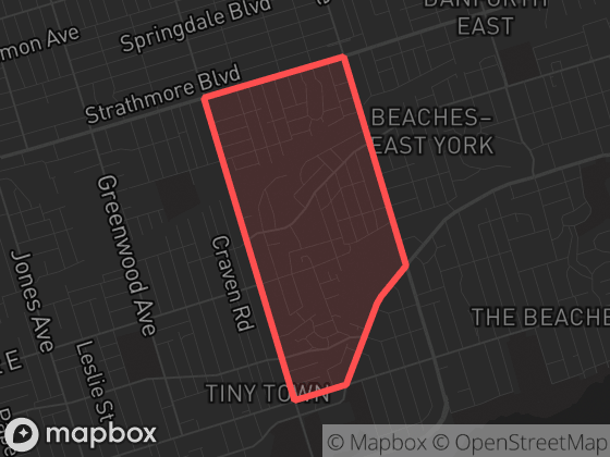 Map of Woodbine Corridor in Toronto with its official boundary outlined