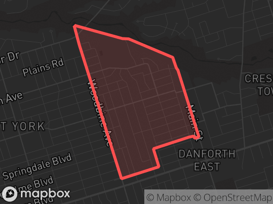 Map of Woodbine-Lumsden in Toronto with its official boundary outlined