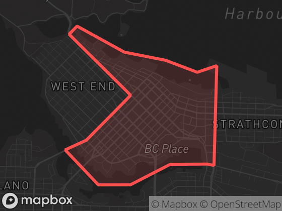 Map of Downtown in Vancouver with its official boundary outlined