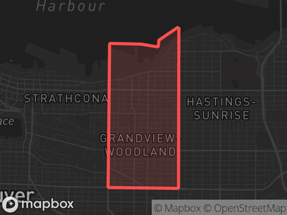 Map of Grandview-Woodland in Vancouver with its official boundary outlined